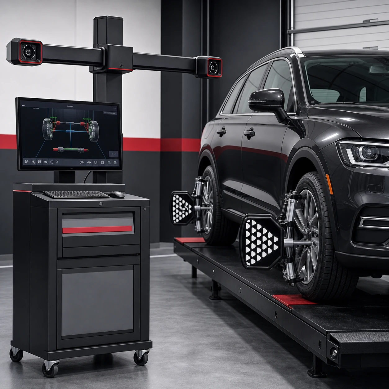 Representative professional 3D wheel alignment system with console, camera beam, and wheel targets