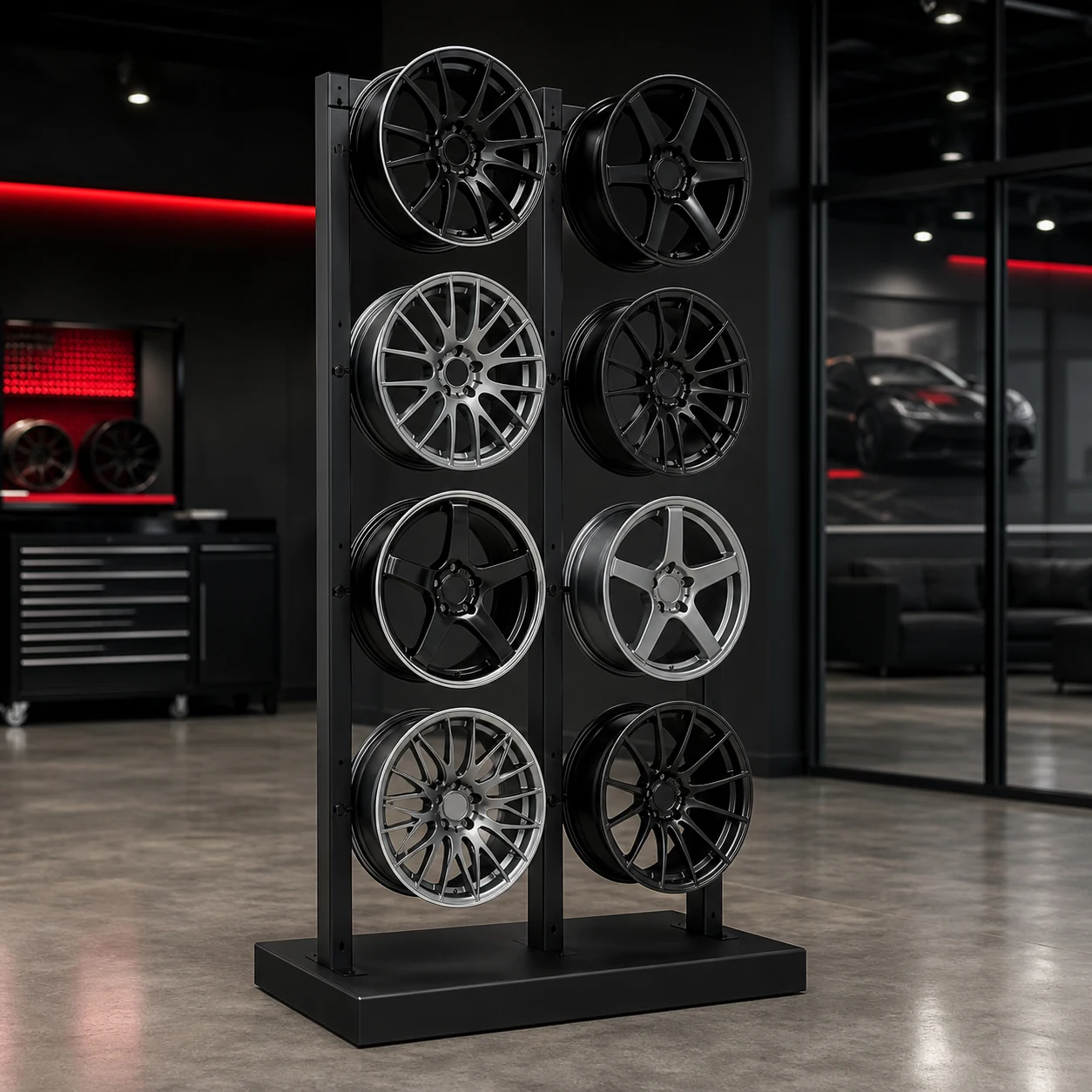 Representative freestanding eight-wheel showroom display tower