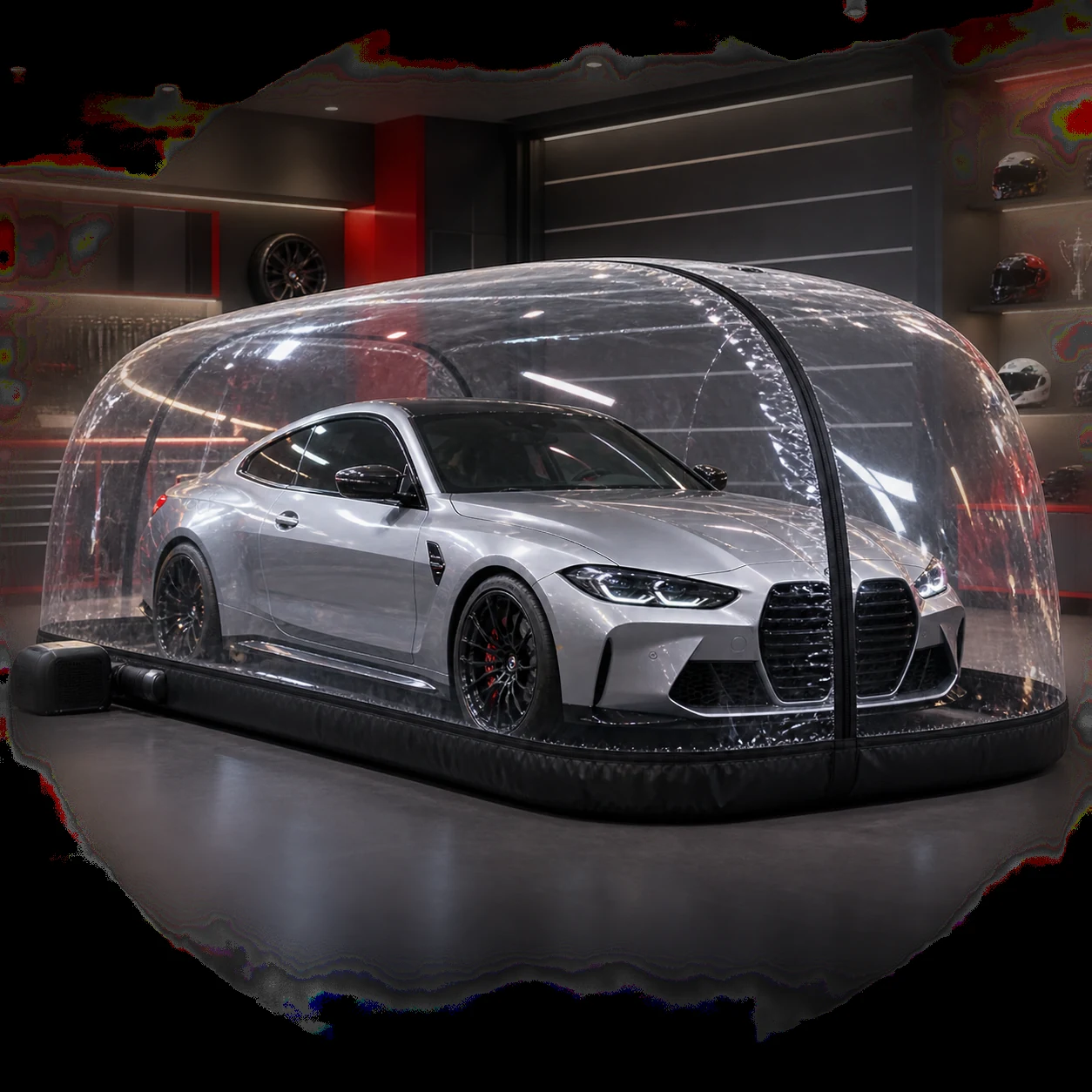 Representative indoor inflatable vehicle showcase capsule enclosing a performance coupe