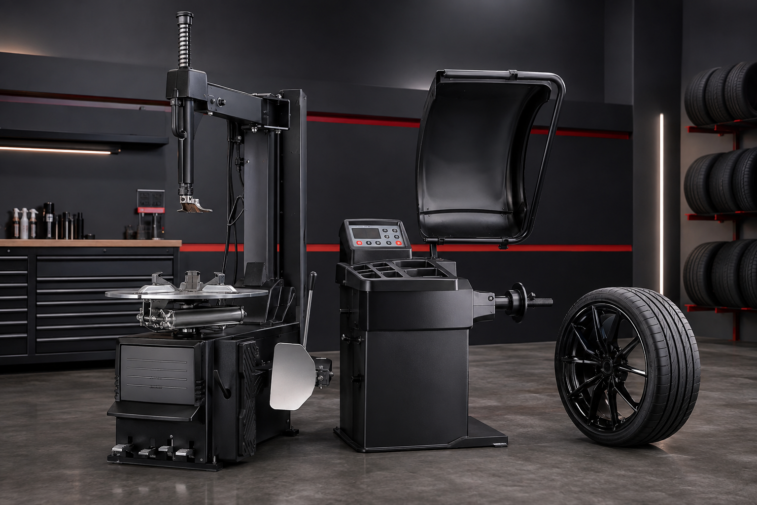 KATOOL ME-T500 tire changer and wheel balancer package in a WheelElite workshop setting