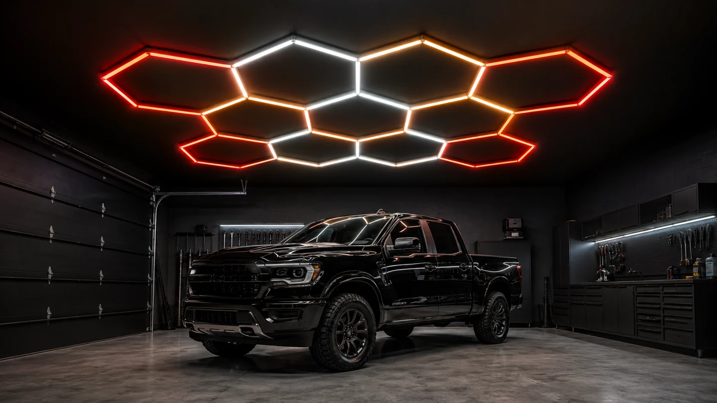 Generic modular RGB hexagon garage-light array installed above a black pickup in a detailing workshop