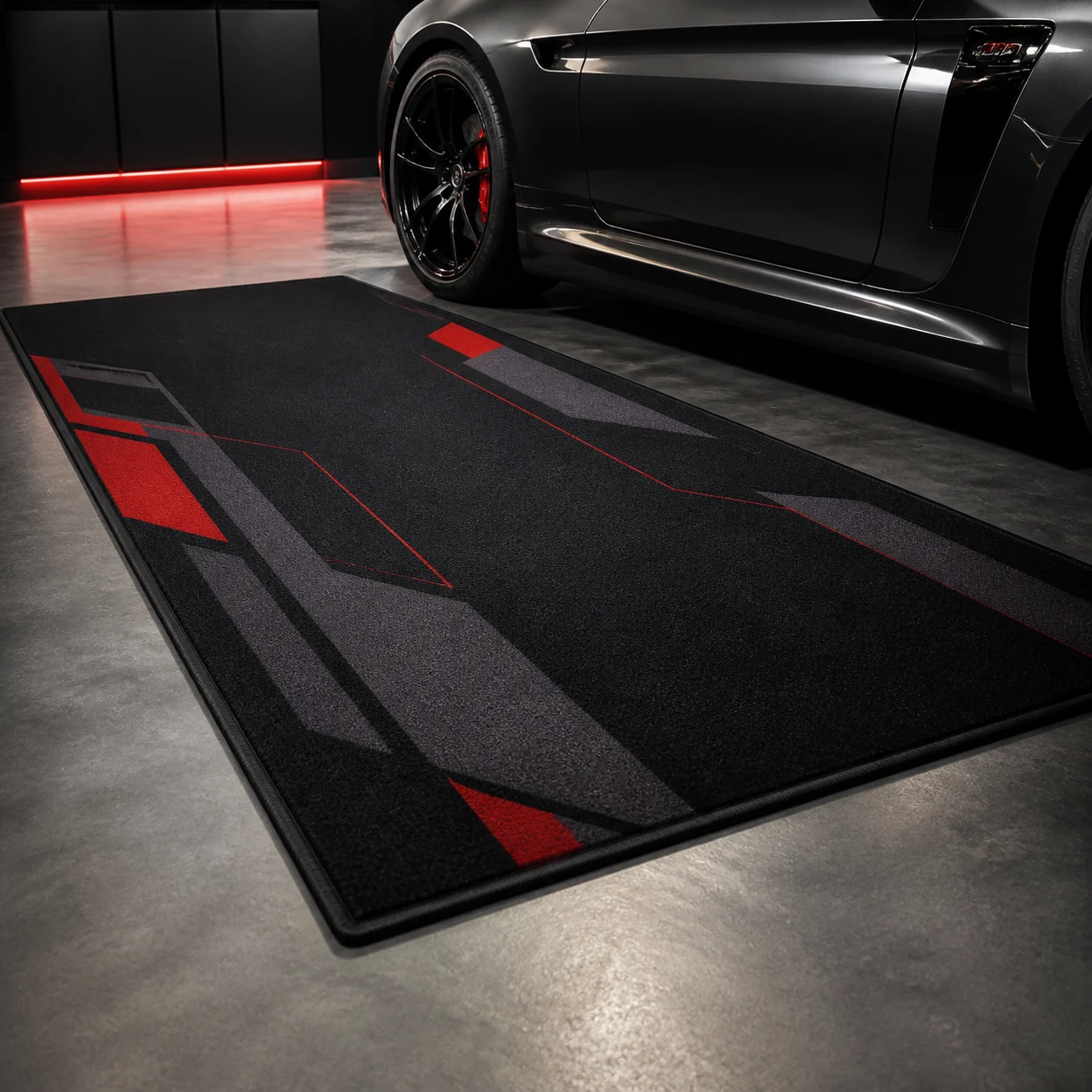 Representative four by eight foot automotive show mat in a premium garage