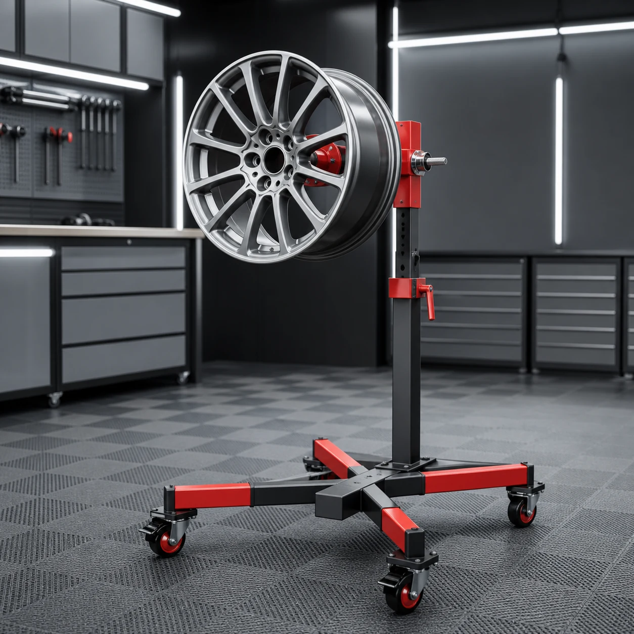 Representative rolling full-height wheel detailing stand holding one loose wheel