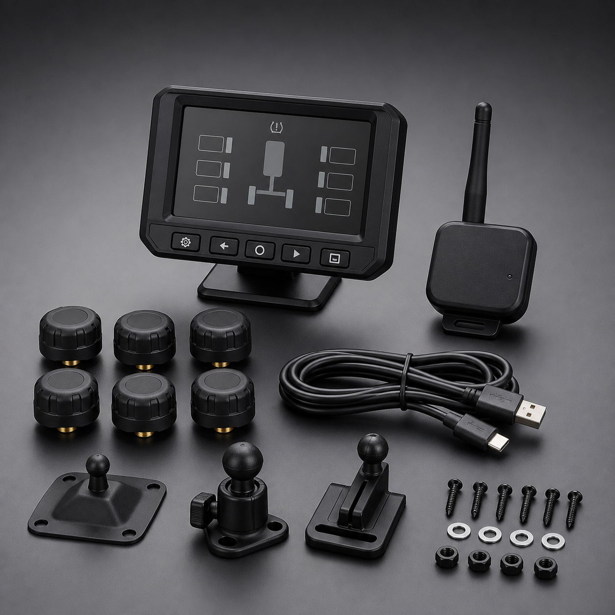 Representative generic six-sensor RV and trailer tire-pressure monitoring kit with display and repeater