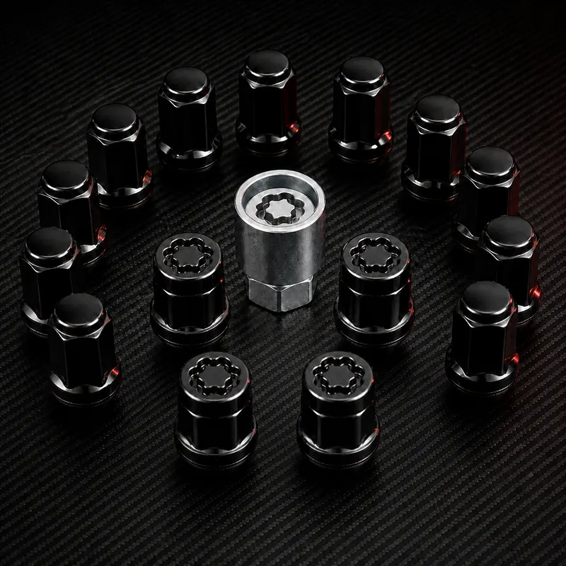Black wheel lug nuts, security locks, and matching key