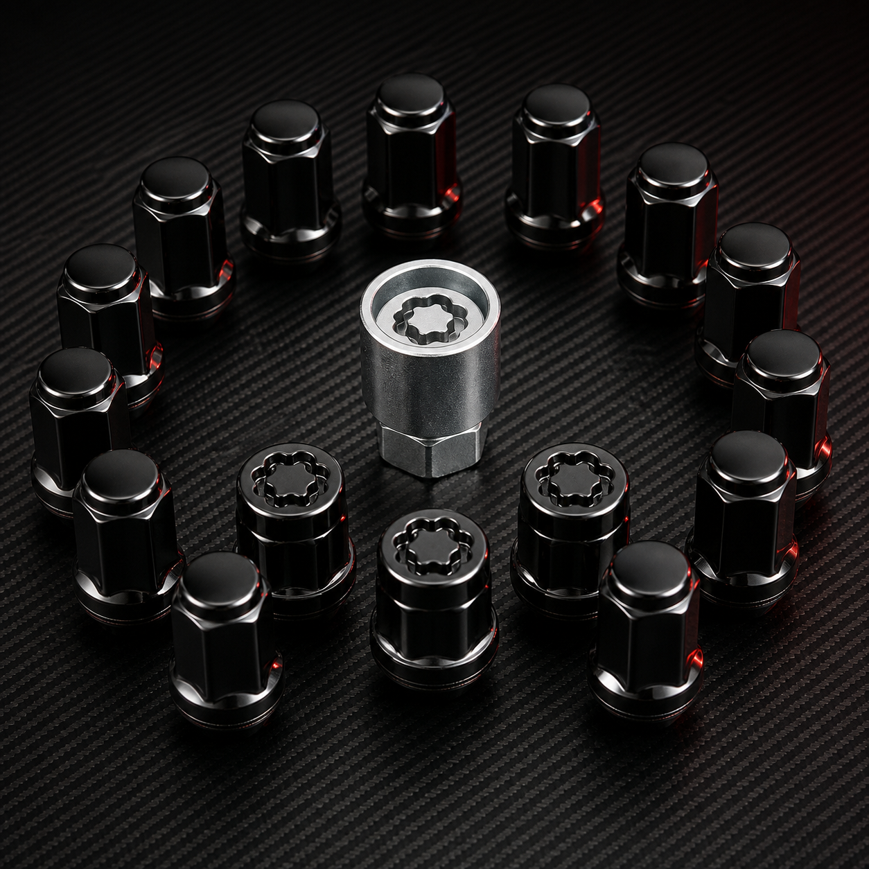 Black wheel lug nuts, security locks, and matching key