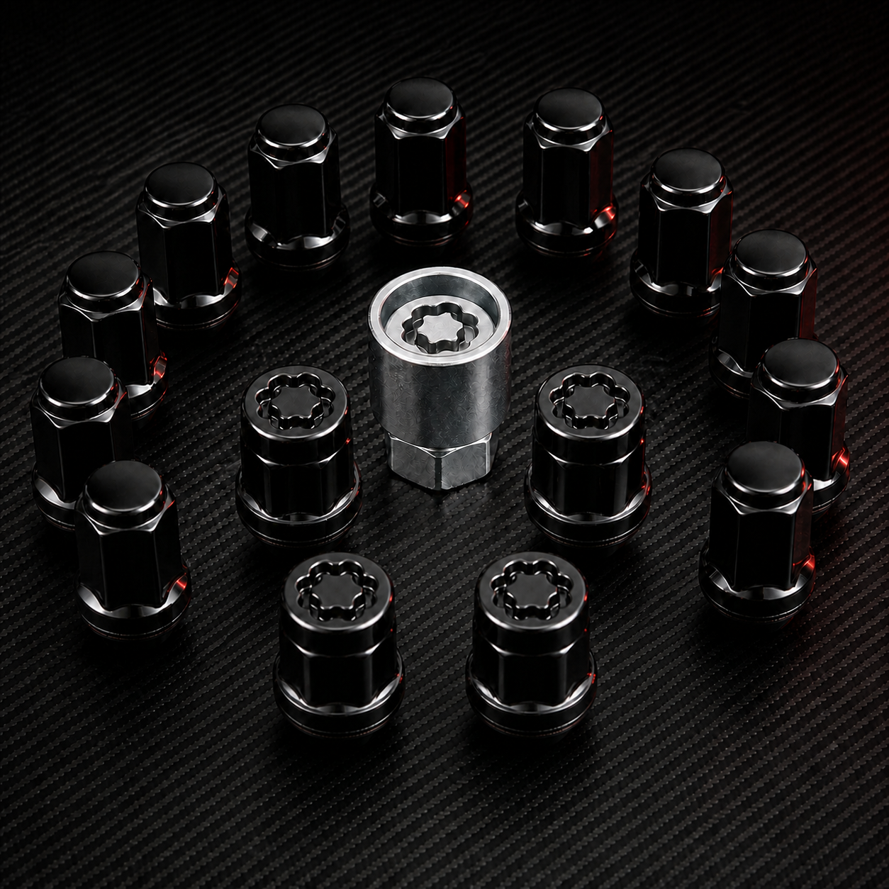 Black wheel lug nuts, security locks, and matching key